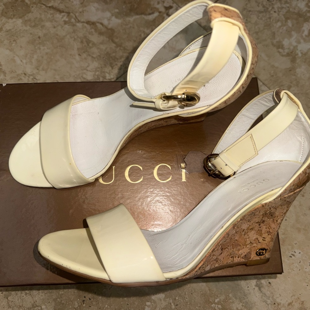 Gucci Cream Patent Leather Cork Wedge Sandals with Ankle Strap